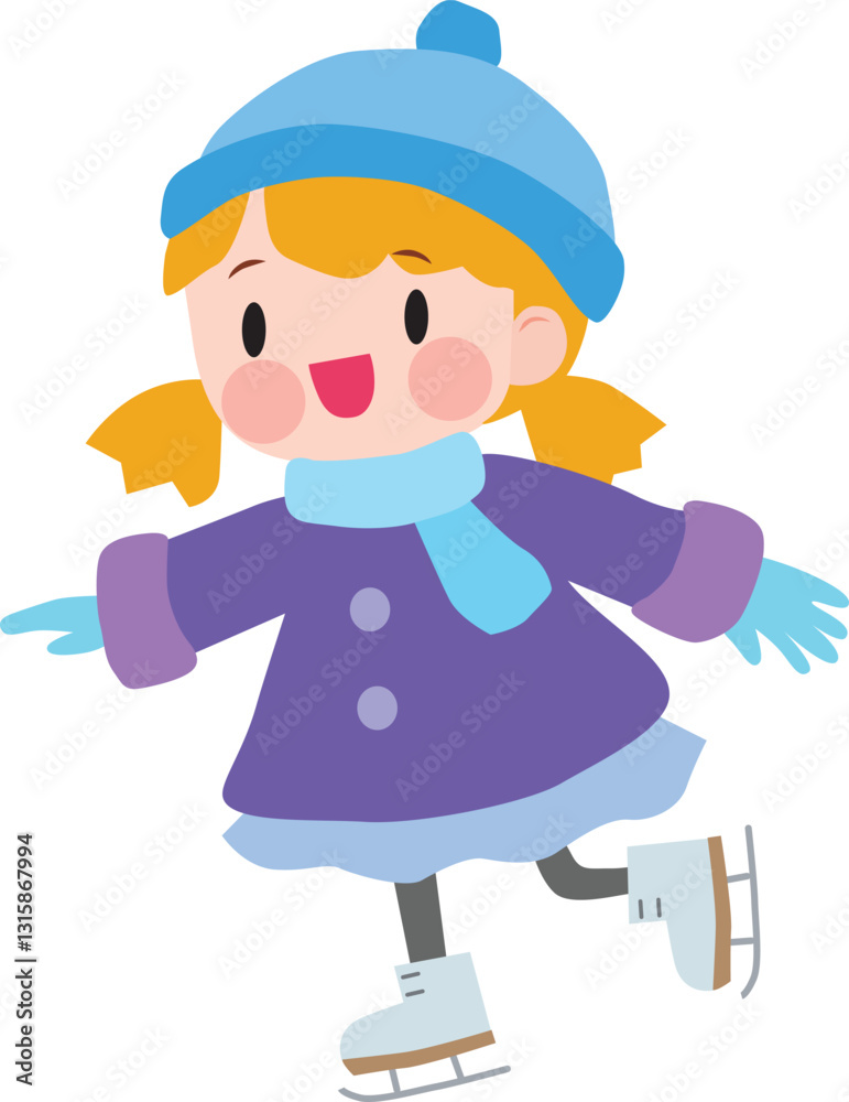Little girl wearing purple winter clothes ice skating. Cute, simple, fun. Vector illustration. Little girl wearing purple winter clothes ice skating. Cute, simple, fun. Vector illustration.