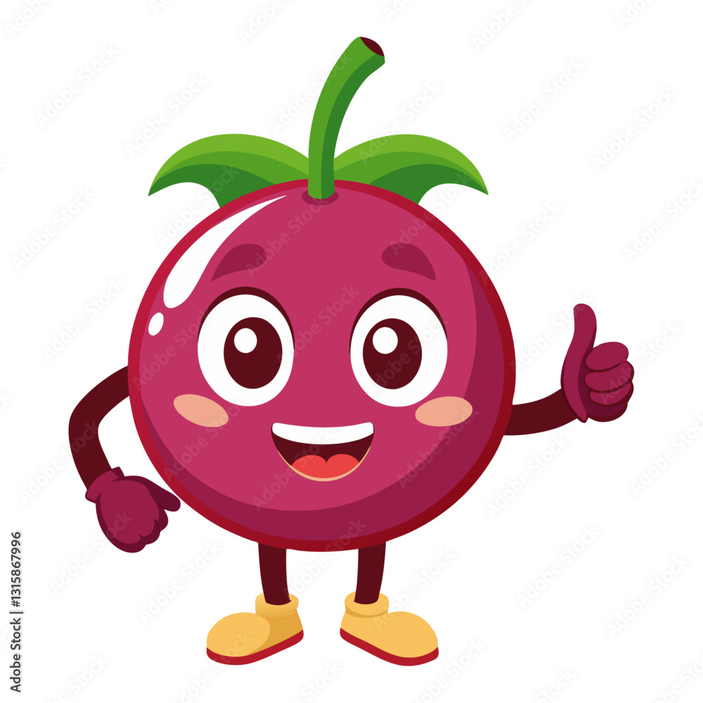 Obraz premium Cute Mangosteen character giving a thumbs up with smile, showing approval on white background