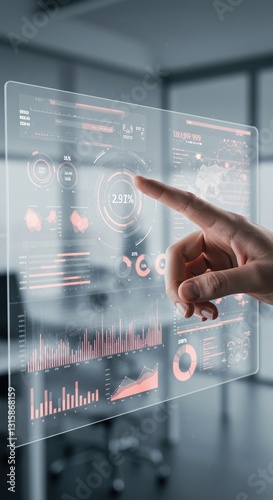 Close-up of a hand interacting with a futuristic digital interface, showing data analytics, graphs, and charts with glowing neon lights in a modern workspace.