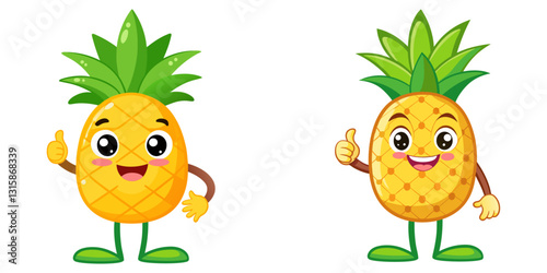 Cute Pineapple character giving a thumbs up with smile, showing approval on white background