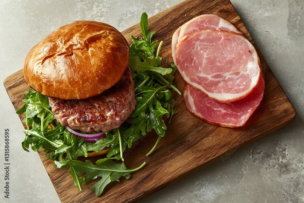 Savory burger with arugula and ham slices arranged on a cutting board : Generative AI Savory burger with arugula and ham slices arranged on a cutting board : Generative AI