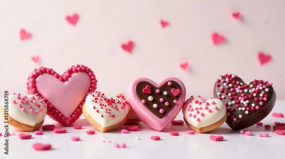 Delightful heart-shaped confectionery treats, adorned with sprinkles and decadent coatings, arranged on a pristine surface, a charming Valentine's Day or romantic occasion image Delightful heart-shaped confectionery treats, adorned with sprinkles and decadent coatings, arranged on a pristine surface, a charming Valentine's Day or romantic occasion image