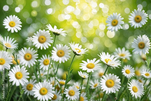 Radiant White Daisies with Bright Green Bokeh Background in a Joyful Nature Scene