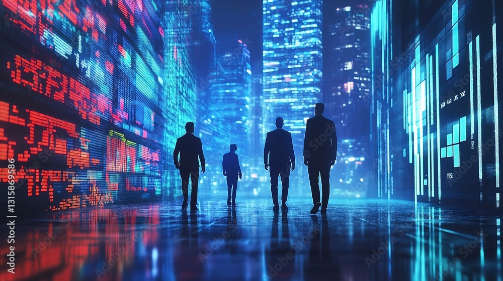Business Team Walking in Urban Investment Environment at Night Business Team Walking in Urban Investment Environment at Night
