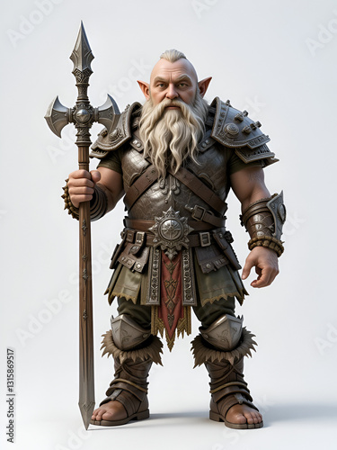 The mighty dwarf stands ready for battle to defend his homeland.white background. 3d rendering.