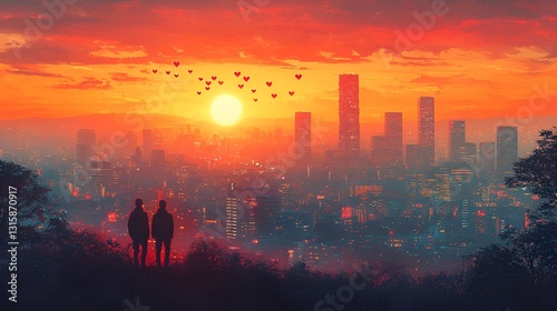 Wallpaper Mural City skyline sunrise silhouettes. Lovers watch dawn. Possible use stock photo Torontodigital.ca