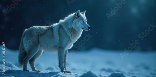 Majestic Arctic Wolf Standing in a Snowy Landscape Under a Deep Blue Twilight Sky