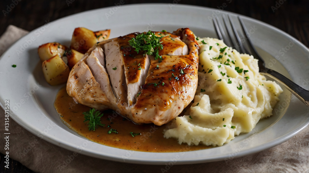 The plate showcases a sliced, glazed chicken breast with a savory sauce, garnished with fresh herbs. The plate showcases a sliced, glazed chicken breast with a savory sauce, garnished with fresh herbs.