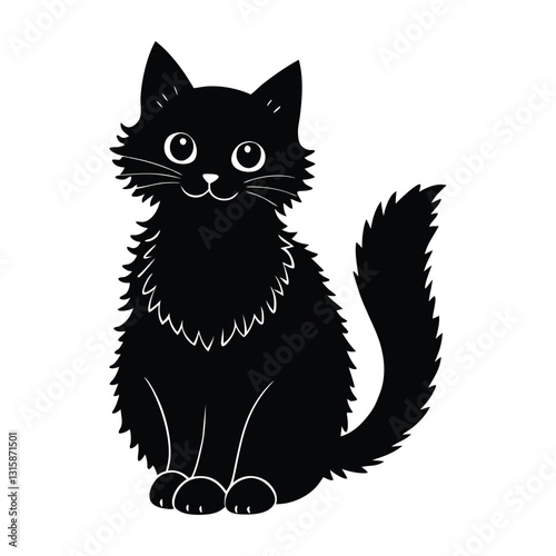 Fluffy Cat Sitting with Bushy Tail Wrapped Around in Silhouette