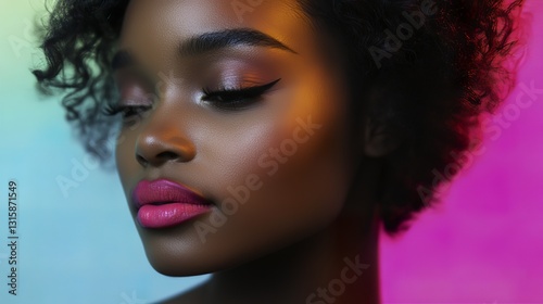 Beautiful model with bright pink lips showing a captivating headshot under dramatic side light against an abstract gradient background
