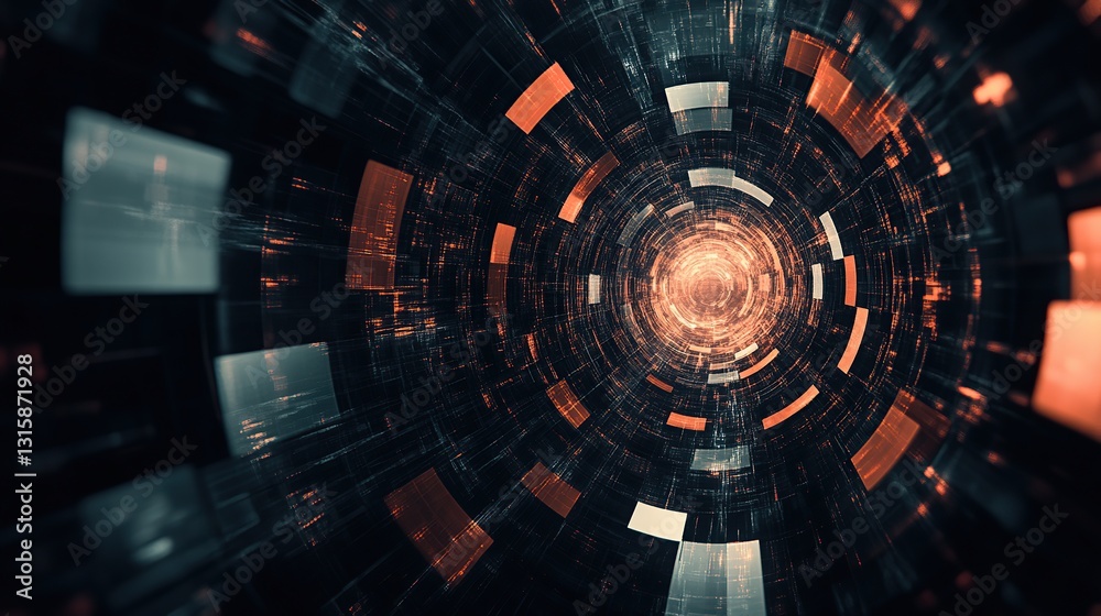 Obraz premium Glowing digital tunnel with abstract shapes and a futuristic backdrop.