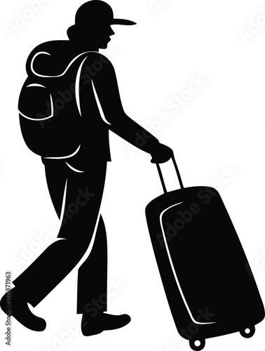 A cute person Traveler with Luggage isolated silhouette vector art, Traveler with Luggage line art premium vector illustration