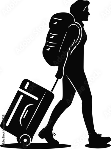 A cute person Traveler with Luggage isolated silhouette vector art, Traveler with Luggage line art premium vector illustration