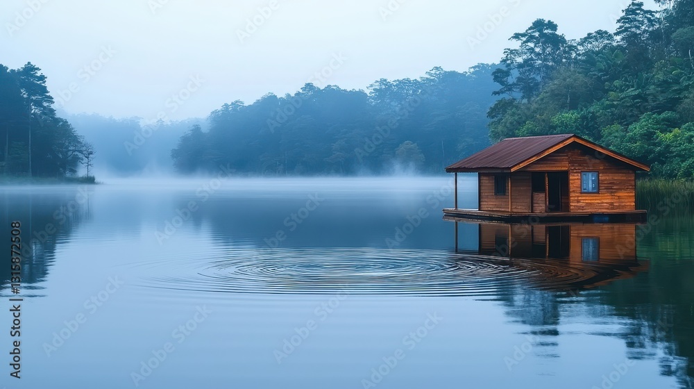 Fototapeta premium Serene Wooden Cabin on Still Lake Surrounded by Misty Forest