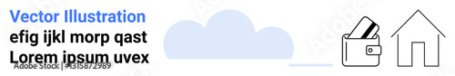 Wallet containing cards, a house outline, and a cloud beside text in black and blue. Ideal for financial services, property management, digital transactions, home ownership, cloud storage, online