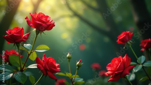 Vibrant Red Roses Blooming in the Soft Morning Sunlight, a Garden Scene of Exquisite Natural Beauty