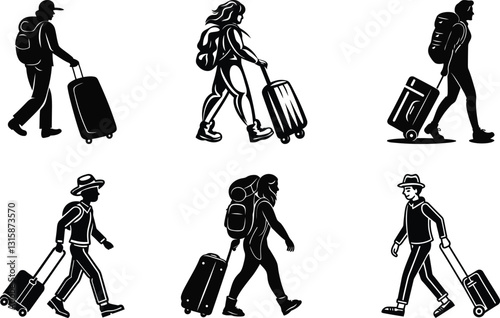 A cute person Traveler with Luggage isolated silhouette vector art, Traveler with Luggage line art premium vector illustration set