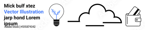 Light bulb representing ideas, cloud symbolizing online storage, wallet with cards indicating digital transactions. Ideal for technology, innovation, finance, online services, creative projects