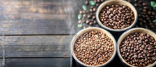 A coffee beans in bowls on a rustic wooden table, expertly brewed to perfection by skilled baristas. Whether you prefer a creamy latte or a robust drip . a latte, mocha, or drip, each drink is served