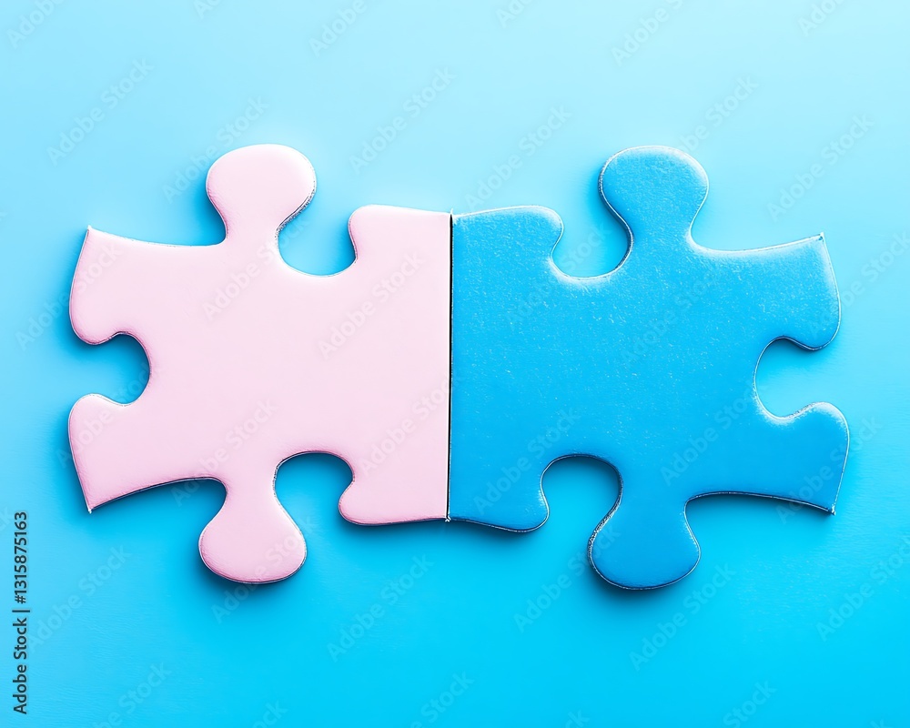 Pink blue puzzle pieces connect on blue Pink blue puzzle pieces connect on blue