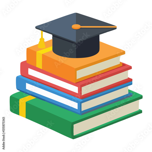 stack of colorful books topped with graduation cap symbolizes academic achievement and education. vibrant colors and cap represent learning and success