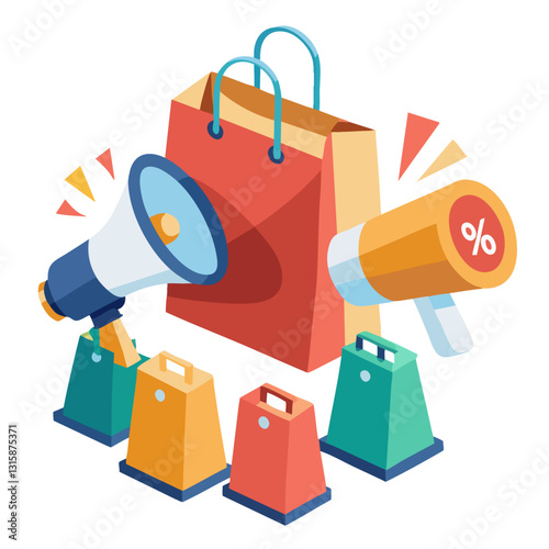 Colorful shopping bags and megaphones with discount tags create vibrant sale concept