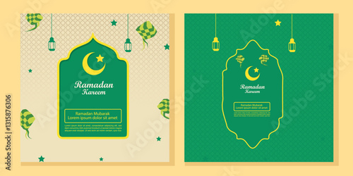 Ramadan vector template with mosque window, glowing lanterns, and ketupat. Ideal for Instagram stories, social media feeds, digital greeting cards, or Islamic prints.