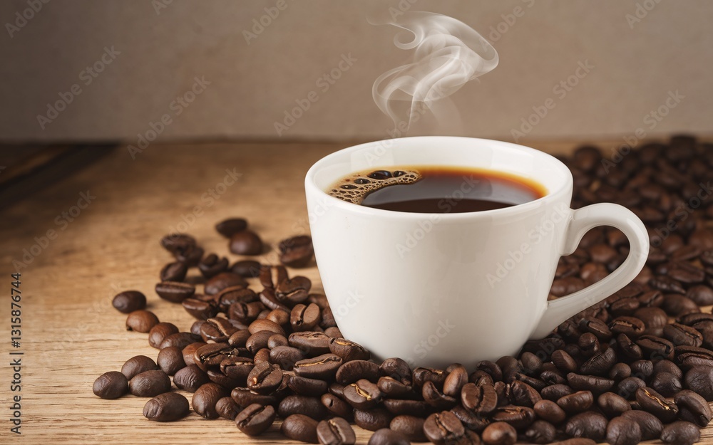 Fototapeta premium January blues, Hot Coffee Cup Surrounded by Beans on Wooden Table