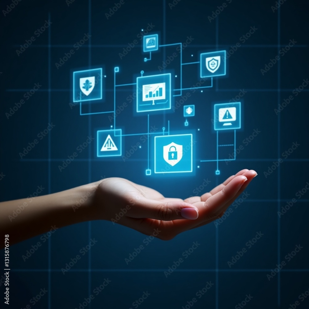 A steady hand, with medium-toned skin and defined fingers, grasps a variety of digital icons that float above the palm, suspended in mid-air, on a rich, dark blue background that evokes a sense of pro A steady hand, with medium-toned skin and defined fingers, grasps a variety of digital icons that float above the palm, suspended in mid-air, on a rich, dark blue background that evokes a sense of pro