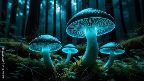 Cyan blue and emerald green bioluminescent mushrooms in dark mystical forests