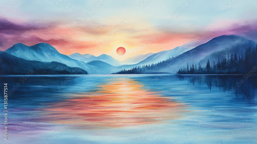 A painting of a lake with mountains in the background and a sun in the sky A painting of a lake with mountains in the background and a sun in the sky
