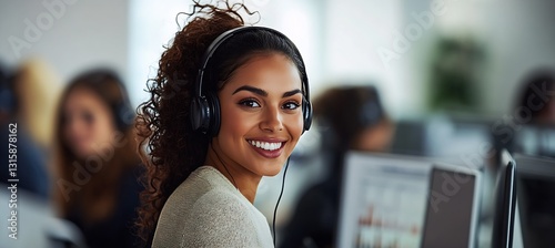 Smiling customer service agent wearing a headset looking confidently at the camera while working in an active office : Generative AI