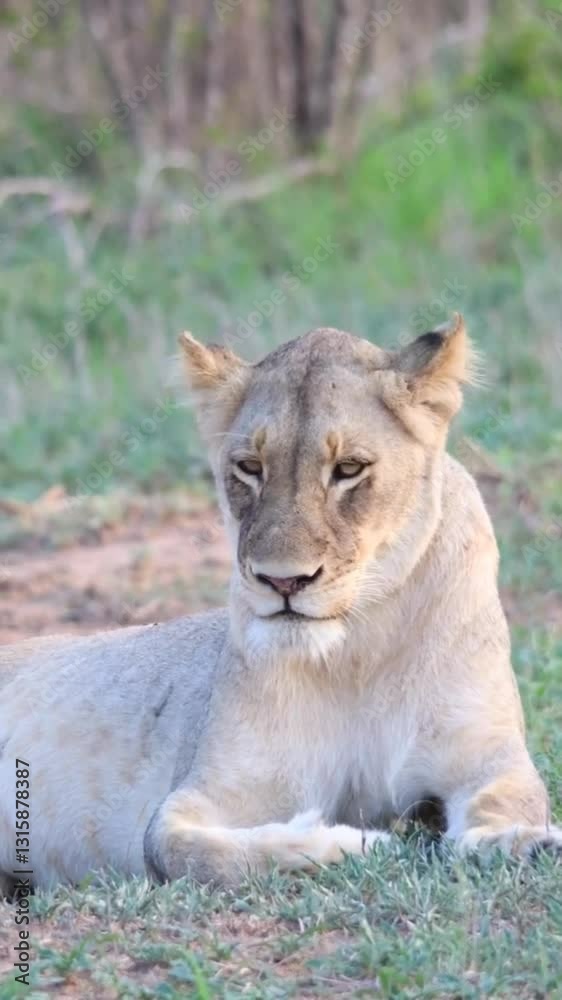 Lioness sitting in the wild and looking at camera Lioness sitting in the wild and looking at camera