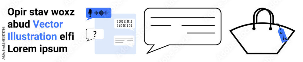Chat bubble, document, voice input, and shopping bag with a tag depict digital communication, e-commerce, AI tools, customer engagement, marketing, virtual assistance and modern online platforms Chat bubble, document, voice input, and shopping bag with a tag depict digital communication, e-commerce, AI tools, customer engagement, marketing, virtual assistance and modern online platforms