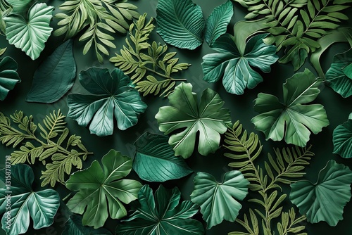 Rich Forest Green Leaf Ornamentation Showcasing Unique Textures for a Calm and Refreshing Atmosphere