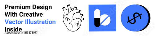 Human heart illustration, pills on blue background, dollar sign symbolizing healthcare cost. Ideal for medical, pharmaceutical, healthcare marketing, education, finances, creative ads flat landing