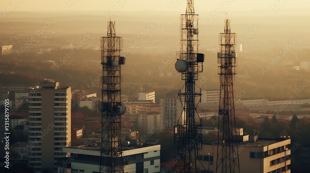 Cityscape Sunset: Telecommunication Towers. Cityscape Sunset: Telecommunication Towers.