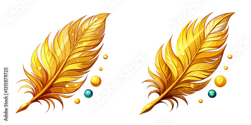 A golden feather with finely detailed barbs and shimmering highlights