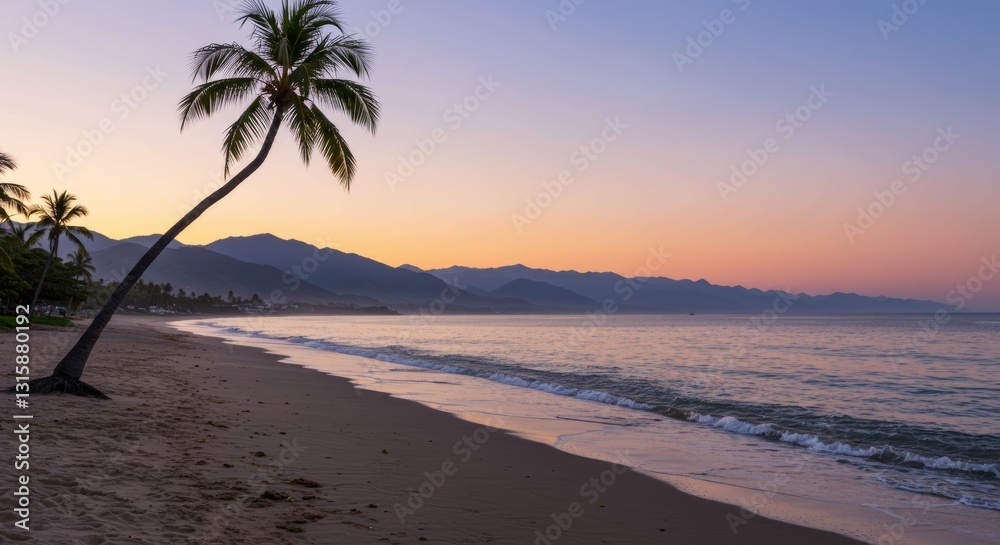 Fototapeta premium Landscape sunset vibes on the beach with calm waves, coconut tree and mountain background