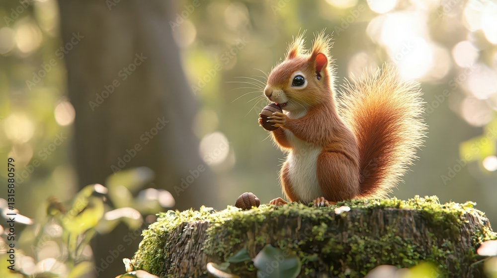 Fototapeta premium Cute Squirrel Enjoying Nut on Mossy Tree Stump in Sunlit Forest