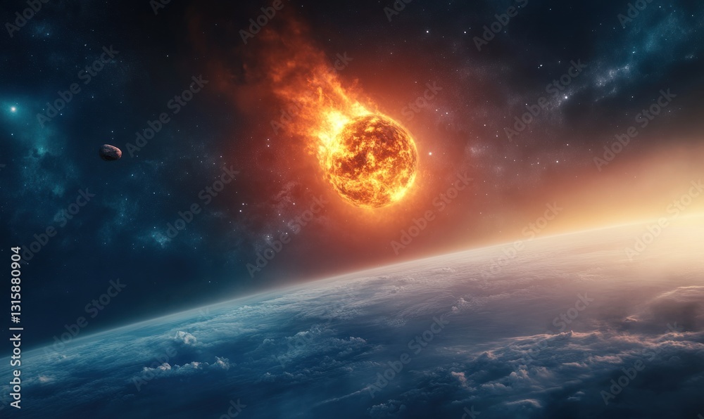 Obraz premium Fiery meteoroid hurtling towards planet.