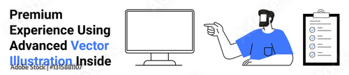 Male figure pointing at a computer monitor with a checklist clipboard nearby. Ideal for teamwork, project planning, UIUX design, tech solutions, tutorials, management, flat landing page banner