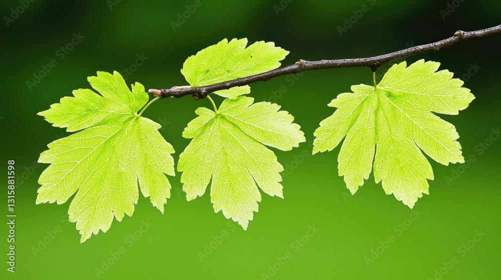 Fresh Green Leaves on a Branch with Dew Drops Glimmering Under Soft Natural Light in a Lush Green Background Fresh Green Leaves on a Branch with Dew Drops Glimmering Under Soft Natural Light in a Lush Green Background