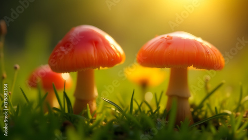 Bright red Hygrocybe miniata mushrooms glowing under soft sunlight in a grassy meadow, showcasing their waxy caps. photo