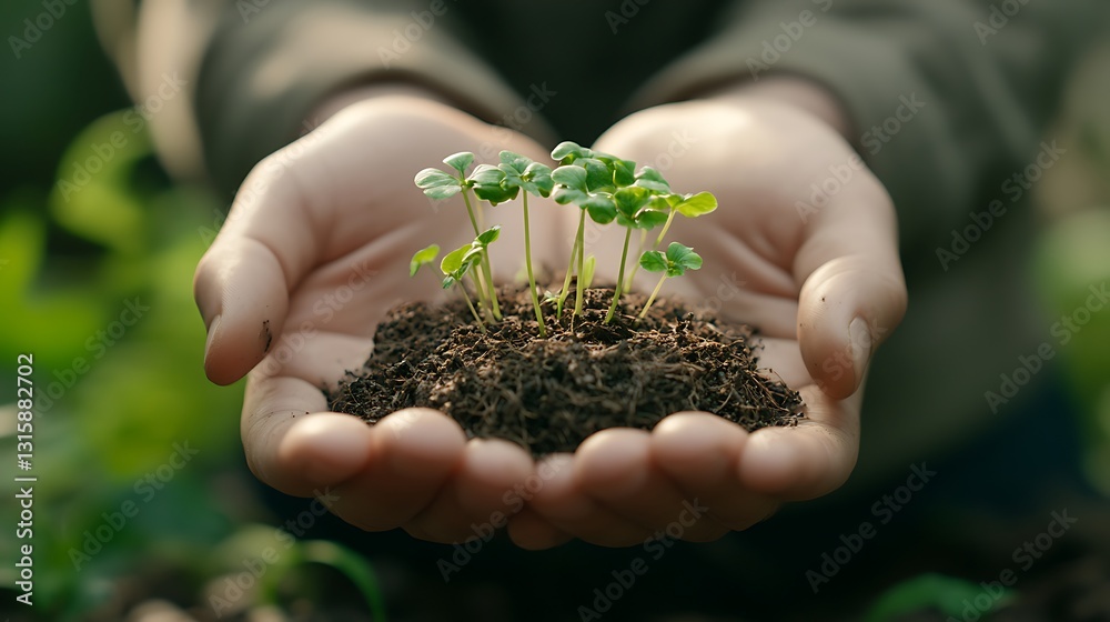 Planting seeds of change hands holding new plant growth nature close-up encouraging growth Planting seeds of change hands holding new plant growth nature close-up encouraging growth