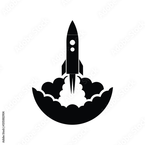 a vector silhouette of a rocket launching icon.