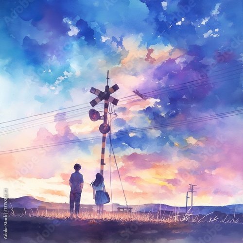 夕暮れの踏切に立つ二人｜切ない別れと未来を思う風景