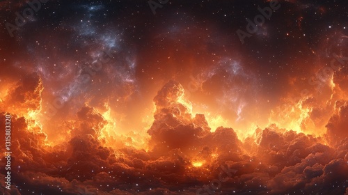 Fiery cloudscape panorama in cosmic space for fantasy backgrounds