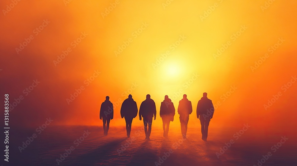 Fototapeta premium Silhouette of Five People Walking Towards a Vibrant Orange Sunset in a Misty Landscape