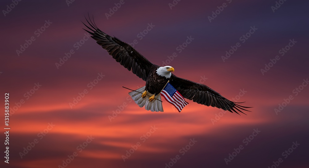 Obraz premium Majestic Bald Eagle Soaring at Sunset with American Flag